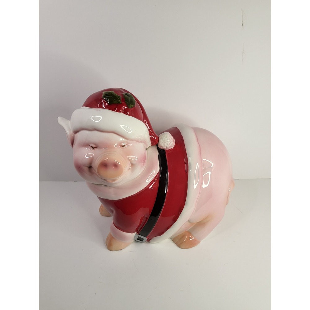 Vintage Santa Pig Ceramic Cookie Jar Christmas Holiday Decor Pink Red 10 Inch